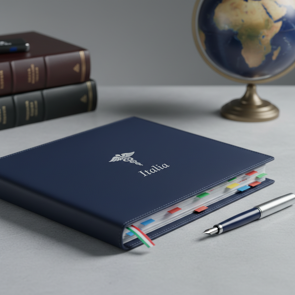 A close-up of an immaculate, navy-blue leather-bound portfolio embossed with a small silver caduceus and the word “Italia” in refined serif type. It rests on a smooth light-grey stone surface beside a refined fountain pen, an Italian tricolor ribbon bookmark peeking from between pages filled with neatly tabbed, color-coded legal and academic documents. Cool, diffused studio lighting gently highlights the leather grain and metallic details, creating subtle reflections. The background softly blurs into a minimalist arrangement of law books and a globe focused on Europe. Photographic realism, shot from a slightly elevated angle, conveys precision, order, and a sophisticated, trustworthy atmosphere.