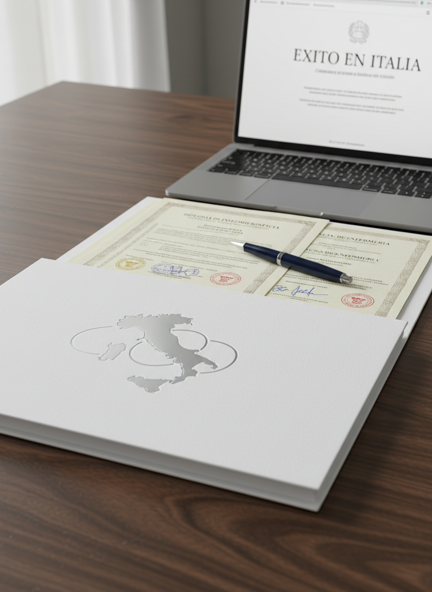 A sleek white folder embossed with a subtle silver map of Italy and Peru, lying open on a dark walnut desk. Inside, neatly arranged bilingual nursing degree documents, official stamps, and a refined navy-blue pen with chrome accents. Behind, a minimalist laptop shows a blurred webpage featuring an elegant “EXITO EN ITALIA” header. Soft natural daylight from a side window grazes the paper texture, revealing faint watermarks and casting delicate shadows along the desk grain. Photographic realism at eye-level, with shallow depth of field, creates a sophisticated, professional mood suitable for a high-end advisory service in international nursing title conversion.