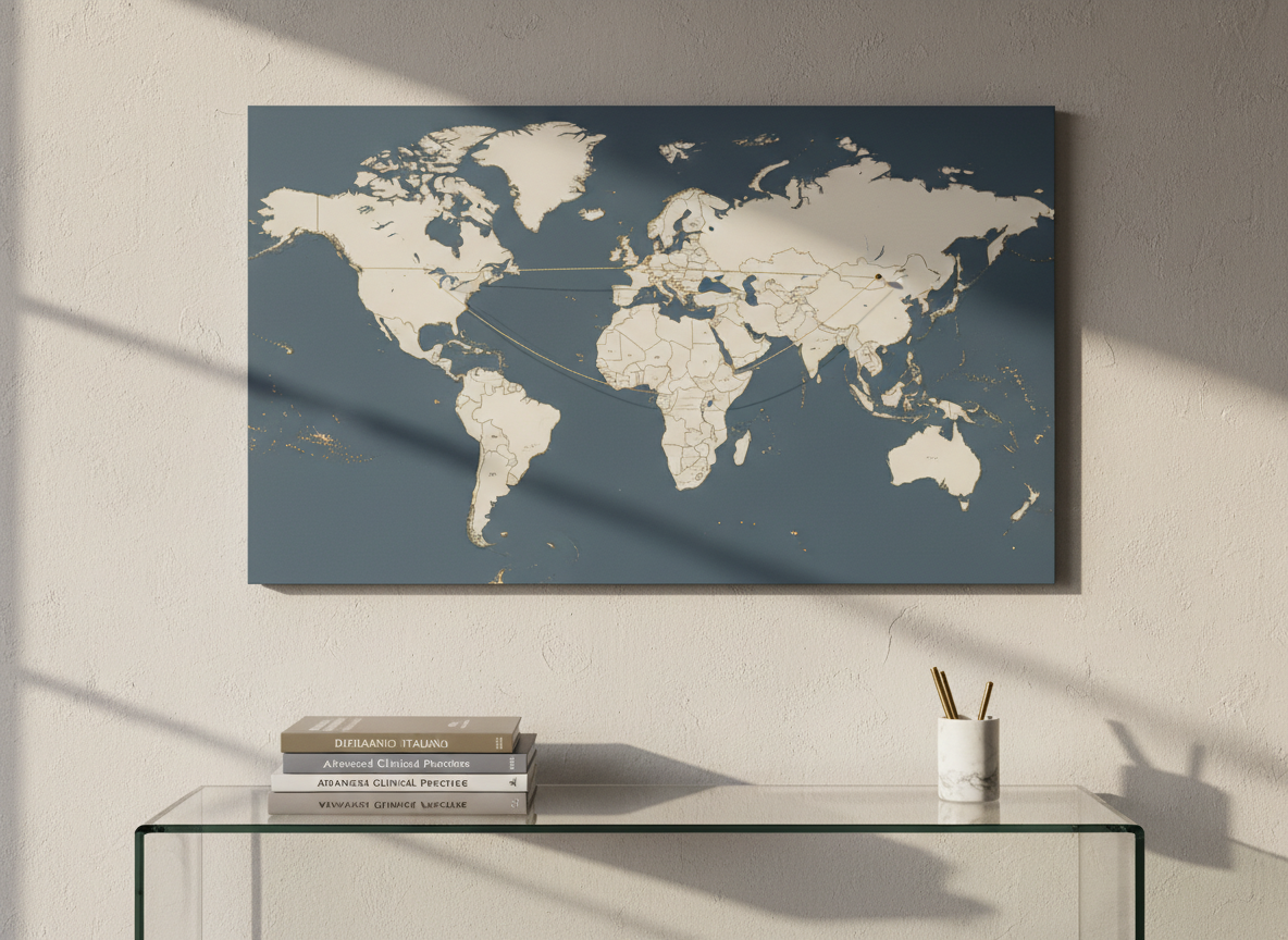 An elegant, wall-mounted world map in muted tones of cream, slate blue, and soft gold, with fine connecting lines tracing a route from Peru to Italy. Small, polished metal pins mark Lima and Rome, connected by a thin, gold thread. Below the map, a narrow glass console table supports a stack of neatly organized nursing textbooks, an Italian dictionary, and a refined marble pen holder. Warm, late-afternoon natural light washes across the scene from the left, creating gentle shadows and a calm, aspirational mood. Photographic realism, wide composition with sharp focus, communicates global transition and professional growth in a sophisticated style.