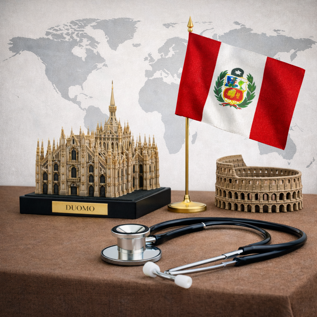 Miniature model of Duomo cathedral, Peruvian flag on stand, and stethoscope on a grey surface